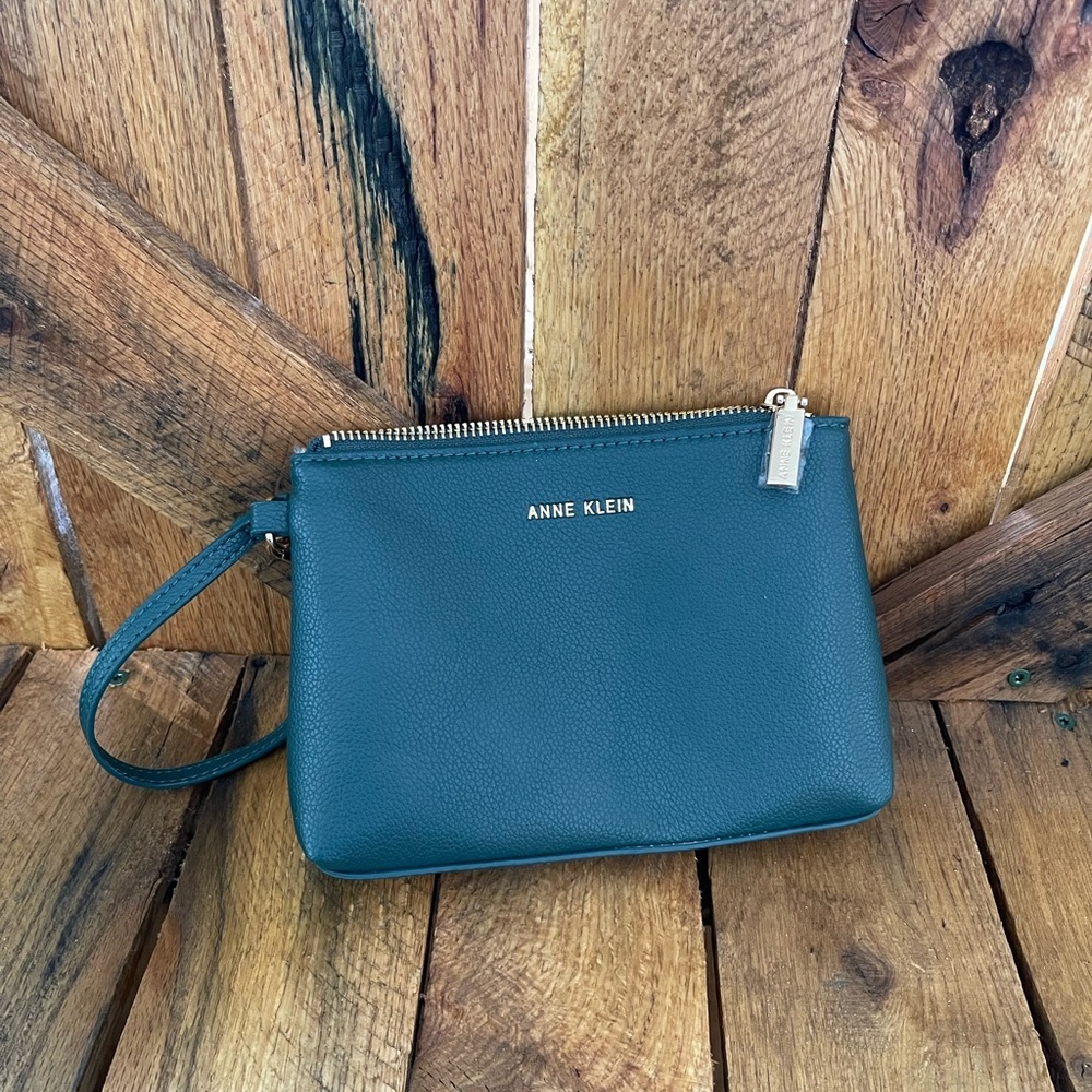 Anne Klein Leather Green Pebble Wristlet with Beige Interior